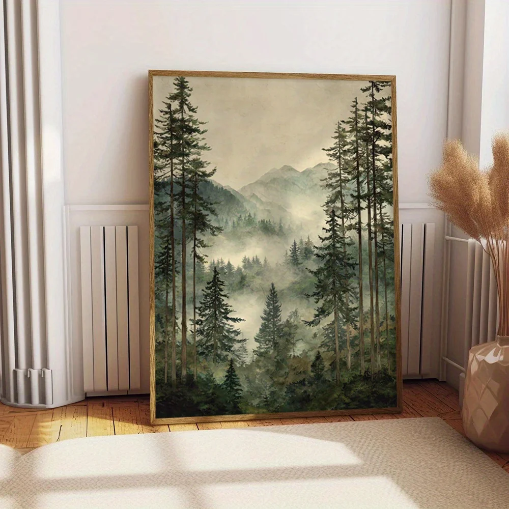 2D Flat, No Framed Misty Forest Canvas Painting, Mountain Haze Wall Art, Serene Landscape Prints Poster, Nature Scenes Canvas Wa