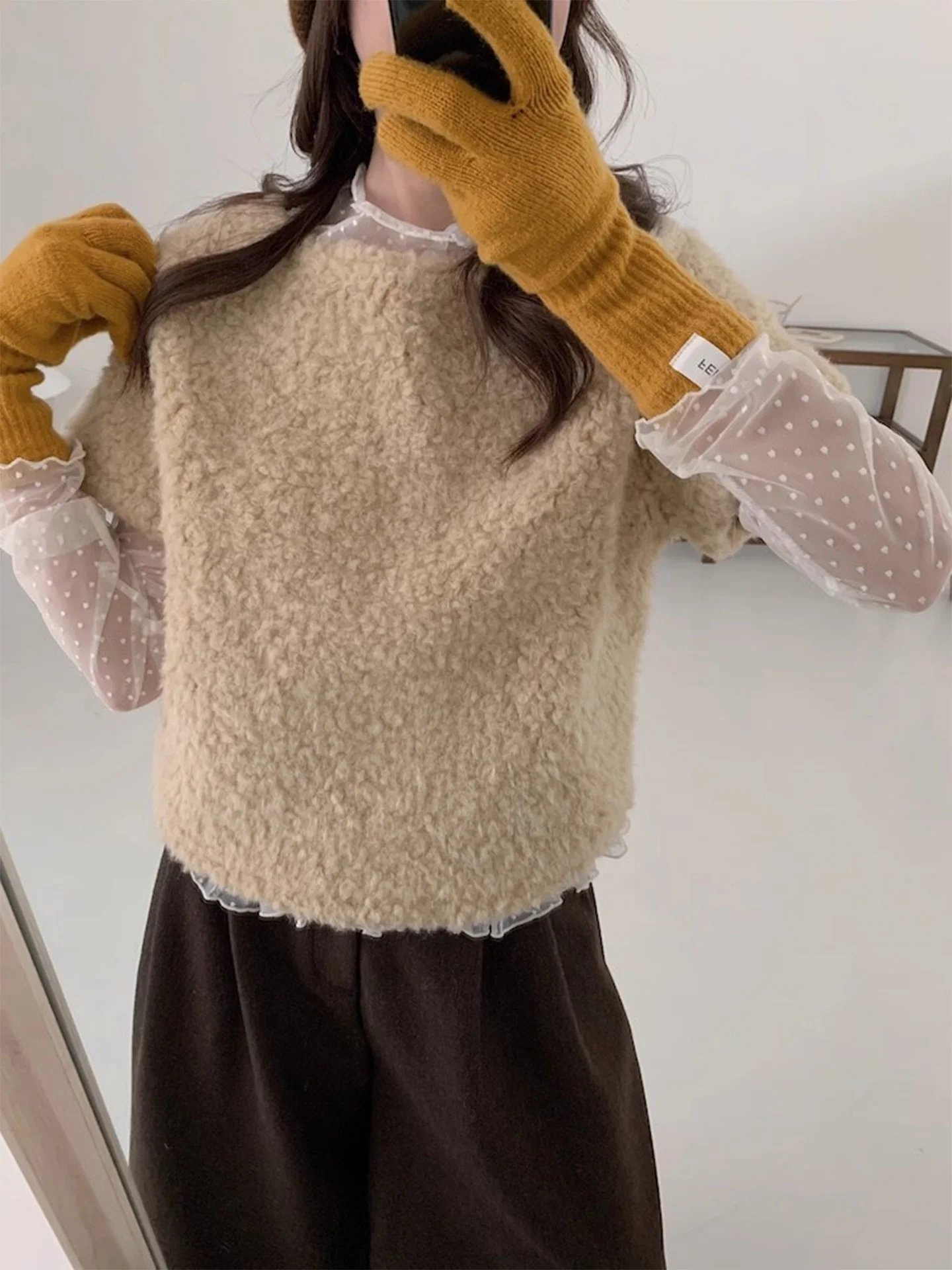 Faionable Me See-tough البولكا نقطة قاعدة irt ort Sve فضفاض فرو الضأن قطنية عالية الجودة مجموعة المرأة الشتاء تخفيف Sle #3