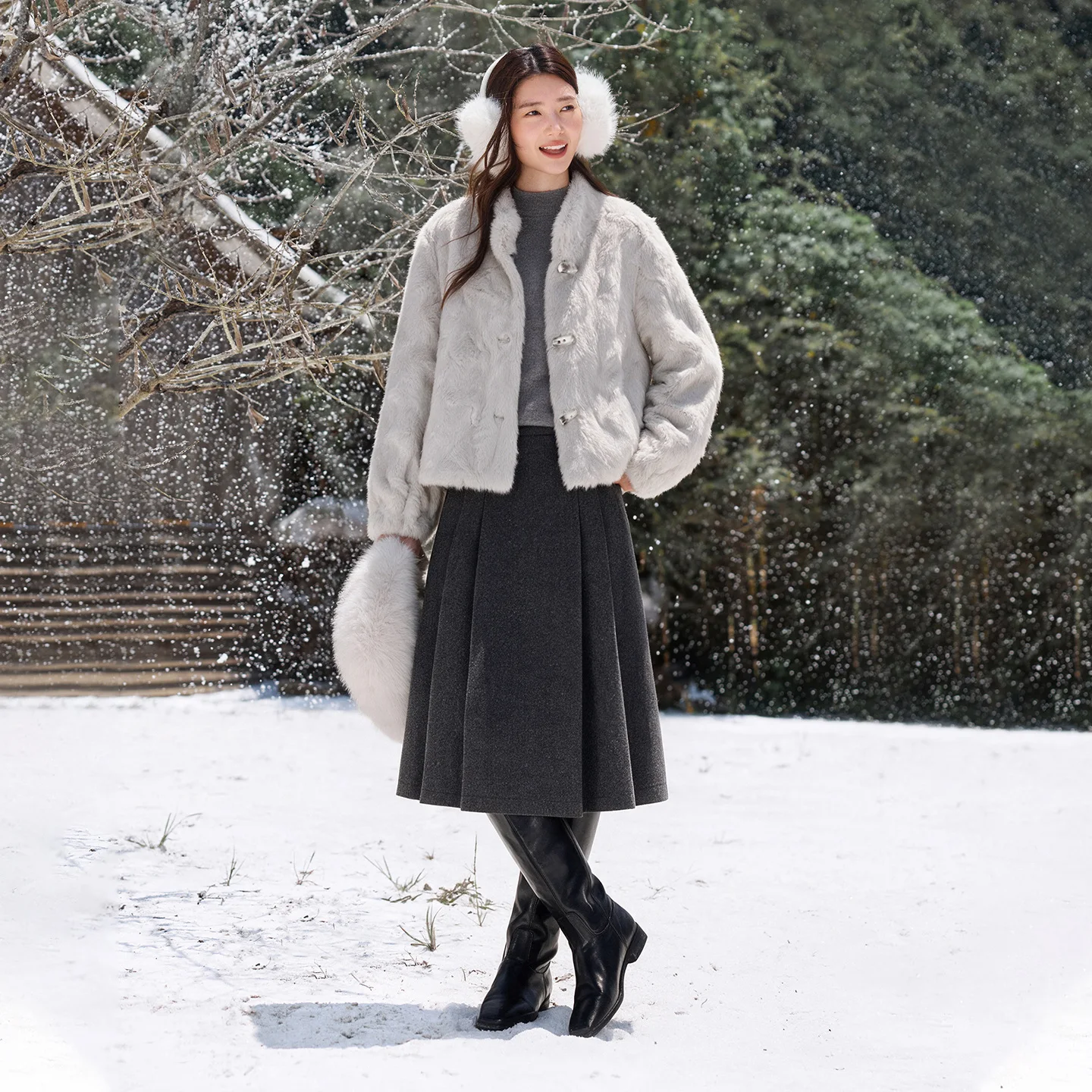 SENTUBILA Women's Cropped Coat Winter Faux Fur Horn Button Thick Warm Jacket 2026 Stand Collar Short Fleece Outerwear W64PD8864