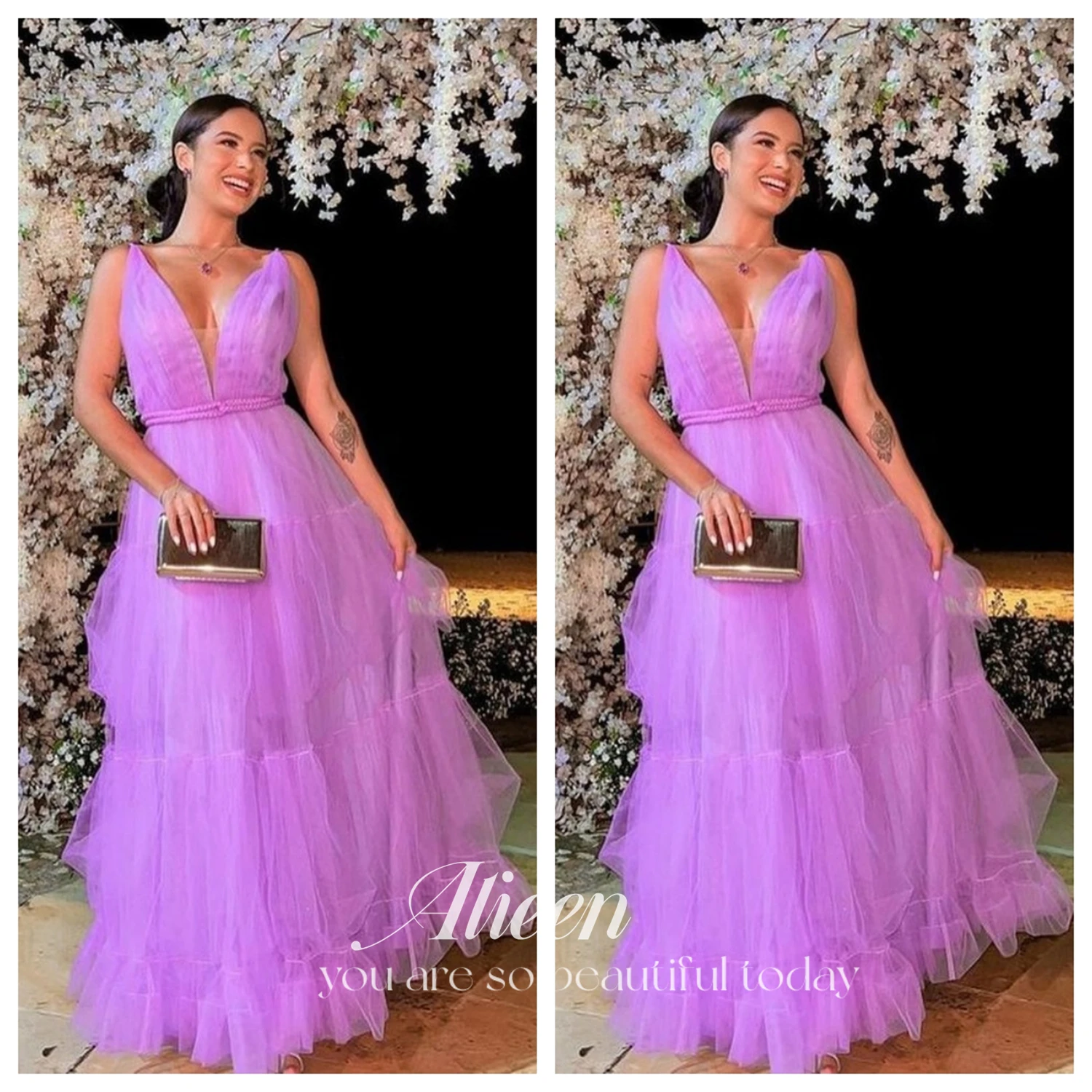 

Aileen Purple Mermaid Evening Dresses Skirt Ruched Tulle V-neck Spaghetti Straps Prom Dresses Floor Length Vestidos De Gala