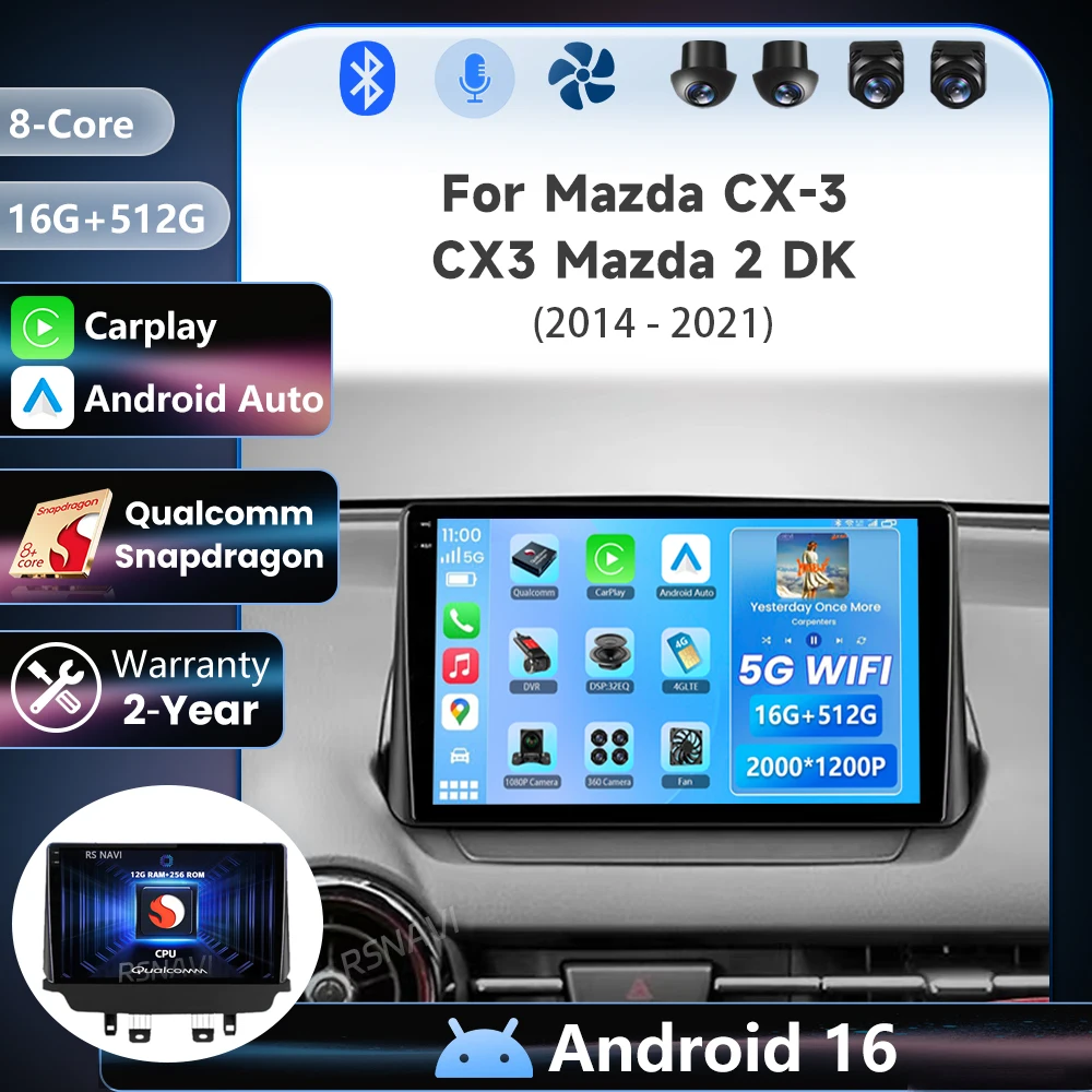 Radio Multimedia para Auto con Android 16 y Qualcomm para Mazda CX-3 CX3 Mazda 2 DK 2014 - 2021, Reproductor Estéreo con Carplay, Envío en 24 Horas