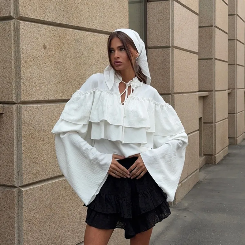 

Women's Layered Ruffles Small Stand-up Collar French White Shirt Autumn Stylish Casual Spun Shirt Fashionable Comfortable Coat