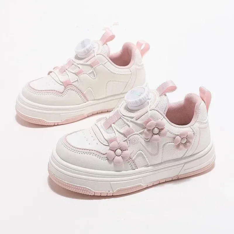 Girls Princess Skate Shoes Rotating Button Non-slip Kids Casual Shoes with Flowers 2025 New Children Sports Shoes Sweet Soft