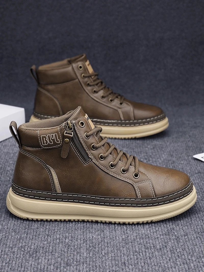 High-Top Men's  Boots Winter Outdoor Sports Shoes Vintage Zipper Panel Casual Low-Top EVA Inner Material PU Surface