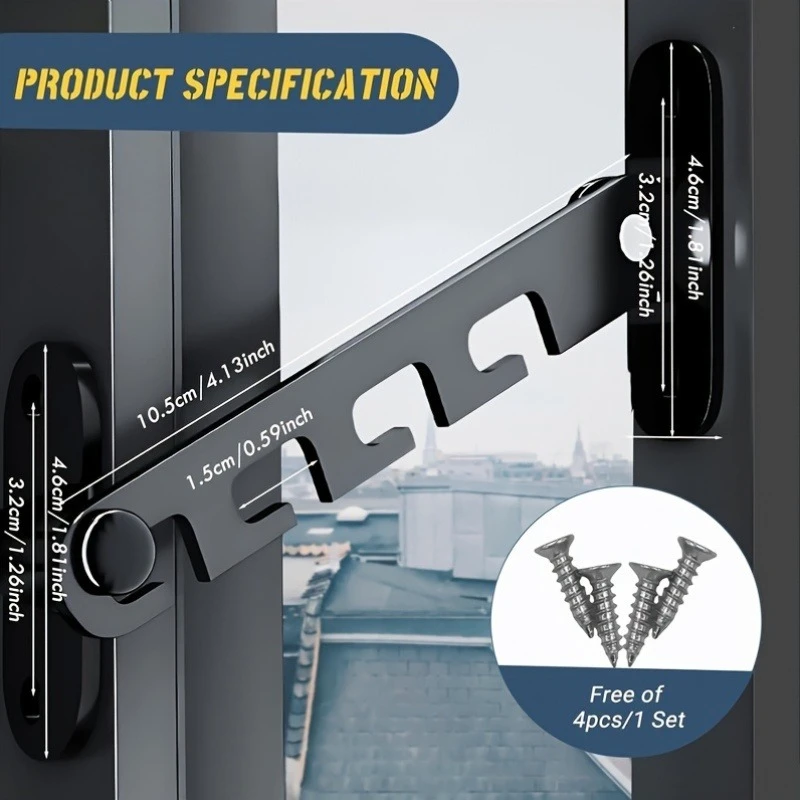 Adjustable metal window hinge limiter, included screws, adjustable angle stopper for home and hotel safety