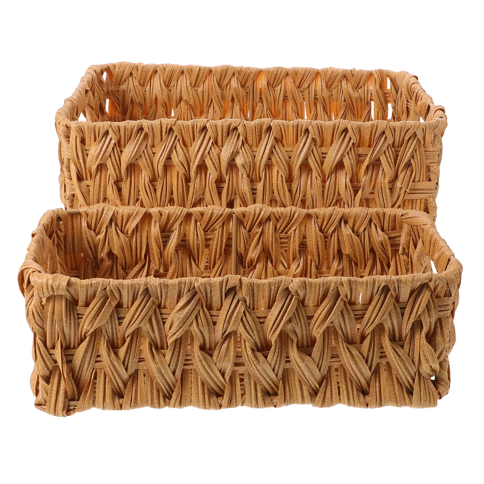 

2Pcs Beige Imitation Rattan Woven Storage Baskets Desktop Organizer Box Multipurpose Office Makeup Stationery Storage Bins
