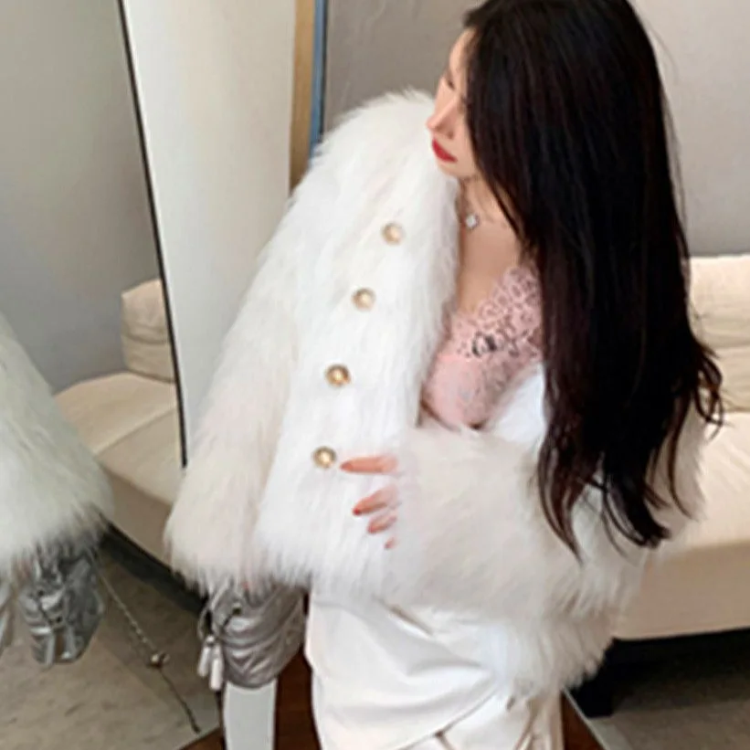 Damskie płaszcze ze sztucznego futra lisa, krótkie kurtki futrzane, zapinane na guziki, z okrągłym dekoltem, długi rękaw, luźny krój, grube, ciepłe futro, styl casual, jesień-zima 2025