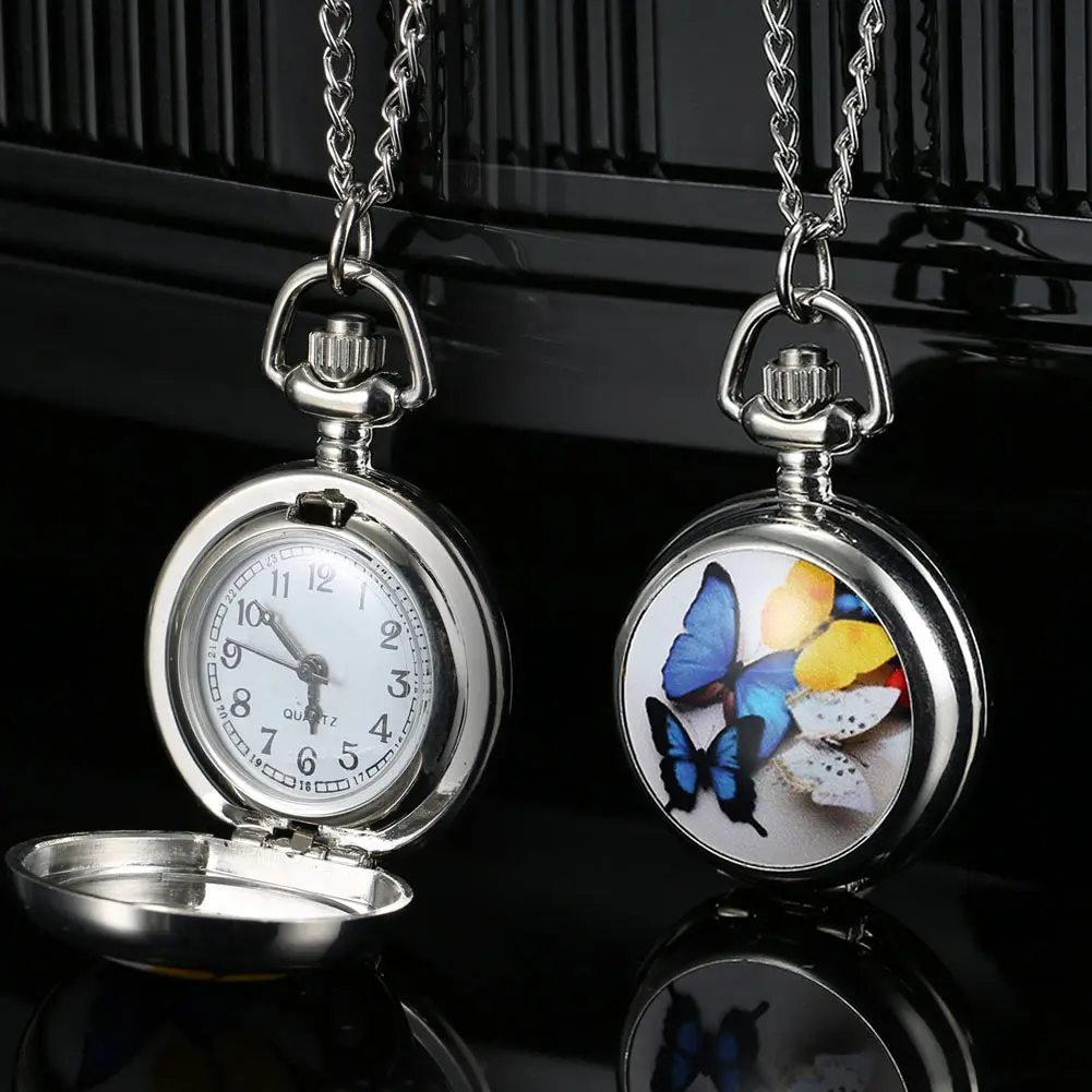 Hot Sale 1 Pc Retro Quartz Pocket Watch Butterfly Printed Case Chain Vintage Durable Exquisite Pendants Delicate Pocket Watch