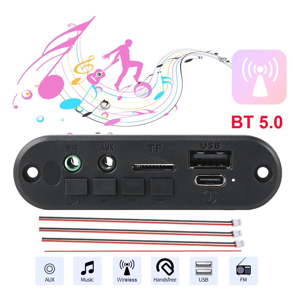 Car FM Radio Module TF AUX USB Record 3.7V 6W Amplifier MP3 WAV Decoder Board 3.5mm Microphone Bluetooth-Compatible Music Player