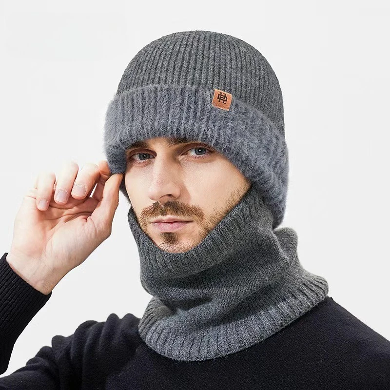 Winter New Mink Fur and Velvet Scarf Hat Two-piece Set for Men's Warm Ear Protection Knitted Hat