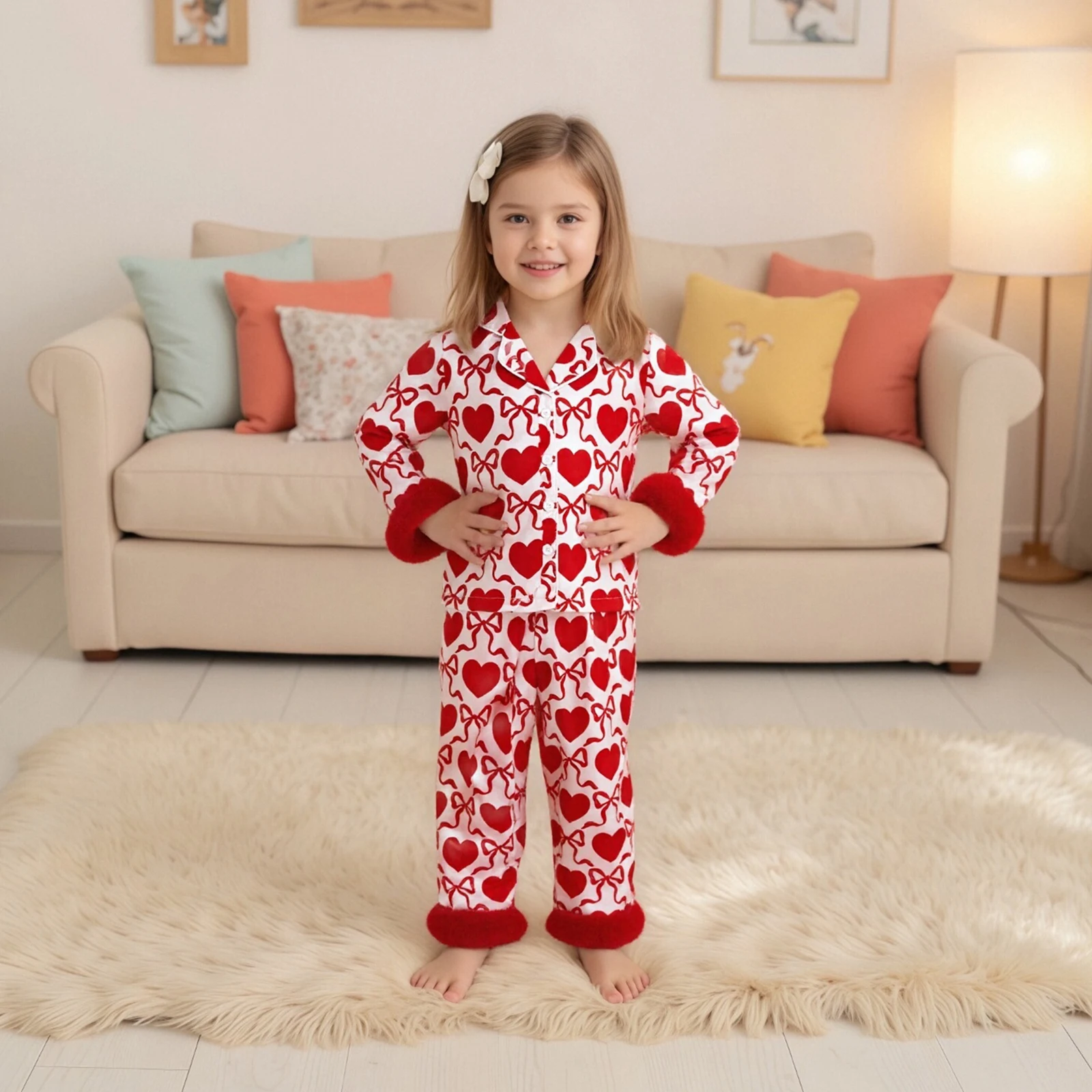 Toddler Girls Valentines Pajamas Sets Cute Bow, Heart Printed Lapel V Neck Long Sleeve Tops with Pants 2Pcs Sleepwear