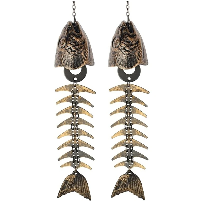 2PCS Fish Windchime,Fish Skeleton Windchime,Fish Bone Cast Iron Wind Chimes Vintage Metal Wind Chimes Outdoor Soothing Durable