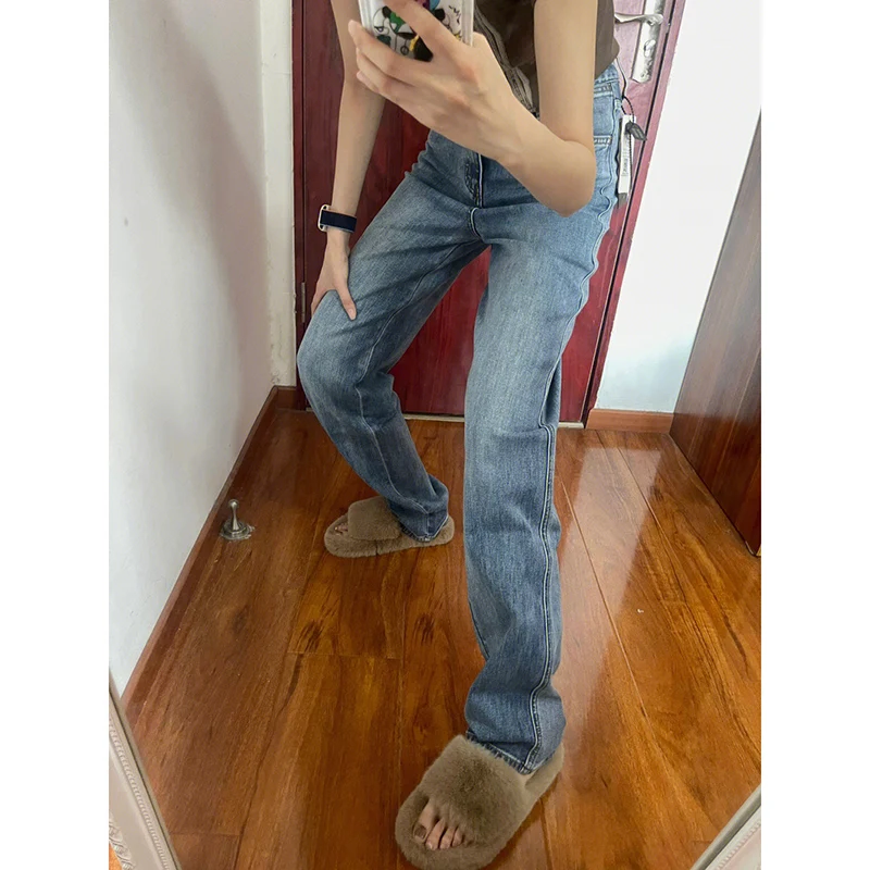 

American Retro Blue Straight Leg Jeans Women's Autumn Winter High Waist Slimming Long Cigarette Pants High Rise Street Style