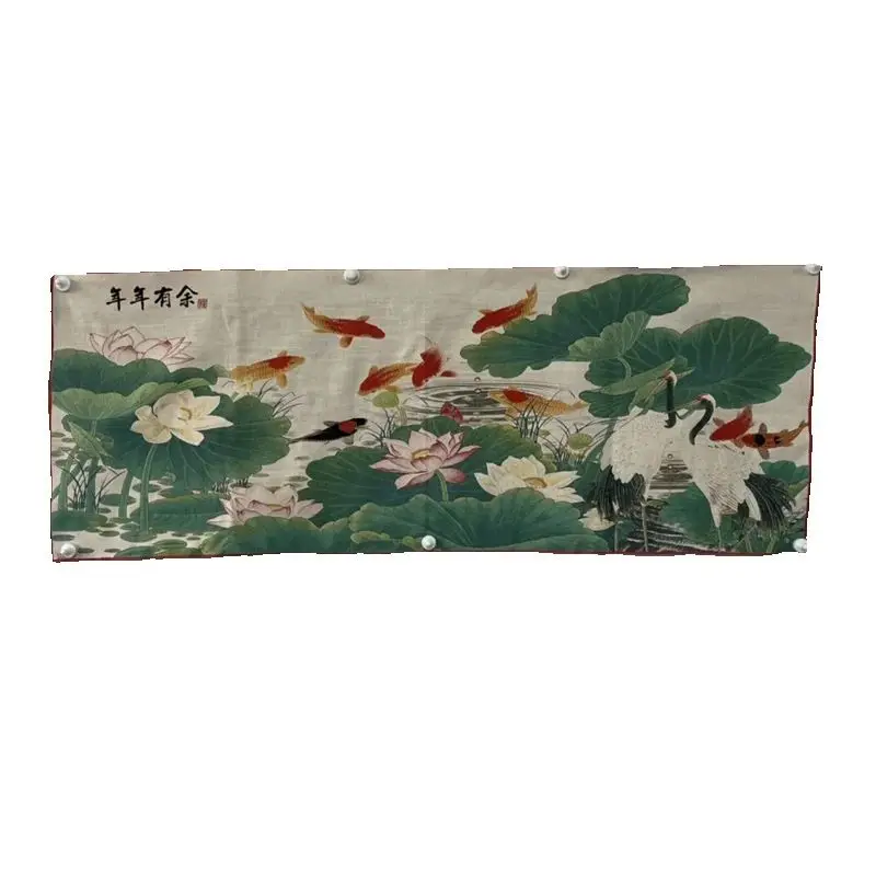 Chinese Old Color Brocade Embroidery Artwork Lotus Crane Fish Pattern Decorative Painting Home Decor Piece
