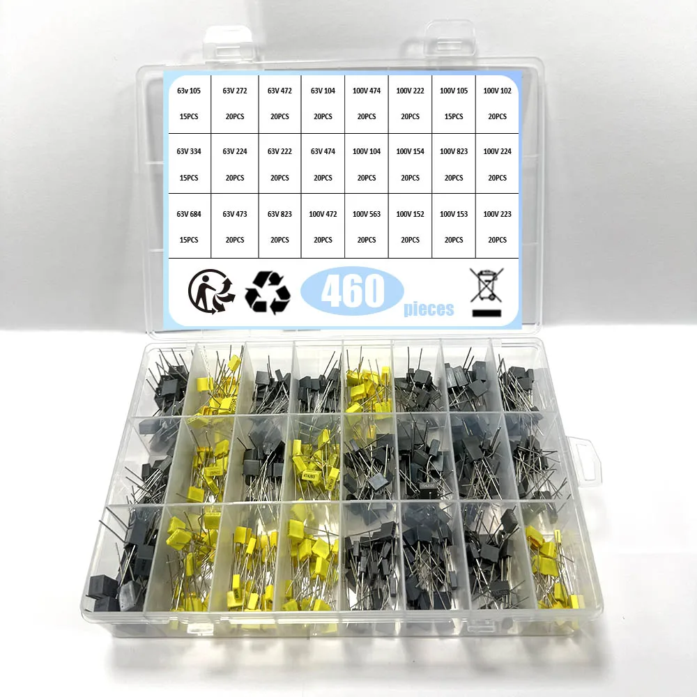 240 قطعة مكثف تصحيح مجموعة متنوعة 24 قيم x 10 قطعة 63 فولت-100 فولت 102J-105J مكثفات فيلم بلاستيكية آمنة من مادة البولي بروبلين