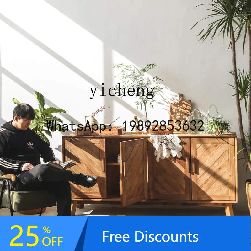 

Wooden Diagonal Grain Sideboard Country Vintage Living Room Old Pine Four-Door Entryway Cabinet home accessories