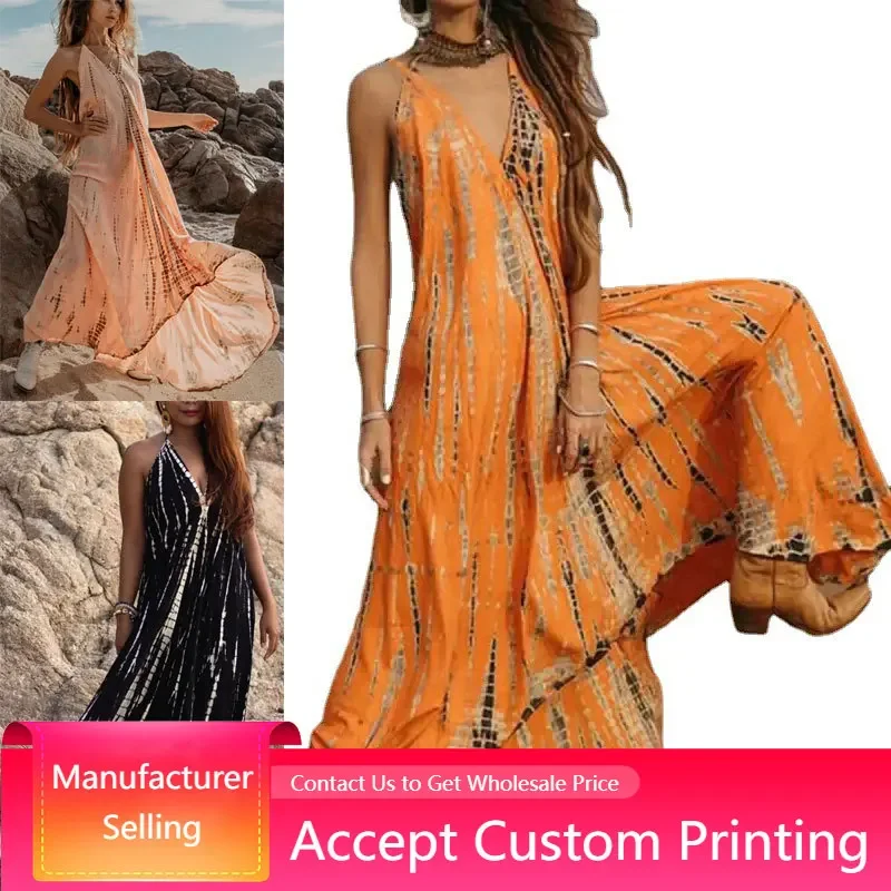 

Womens Summer Dress Sleeveless V Neck Casual Boho Flowy Maxi Dress Sexy Open Backless Beach Wear Spaghetti Dress Holiday Robes