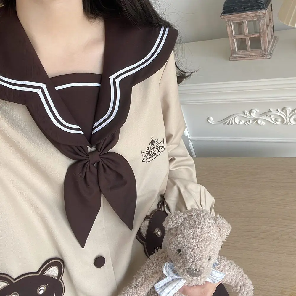 Japanese Preppy Style School Uniform Sailor JK Girls Suit Kawaii Bear Long Sleeve Top+Coffee Color Mini Pleated Skirt Women Sets