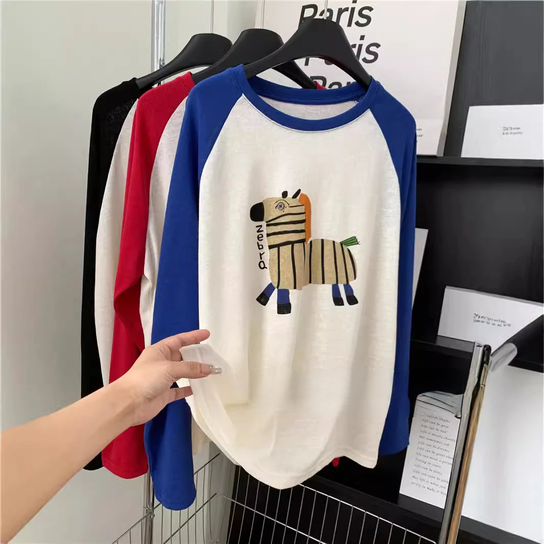 Thin Raglan Sleeve Women\'s Loose Cartoon Pony Print Long Sleeve T-Shirt Color Matching