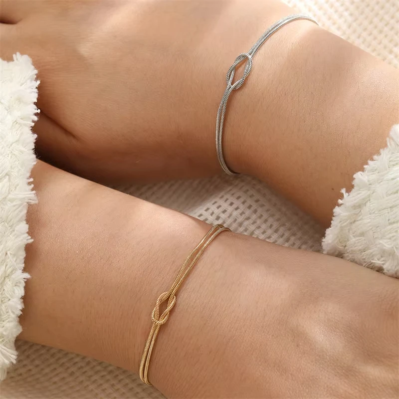 FTCY Simple Metal Love Knot Couple Bracelet Set for Women Men Snake Chain Handmade Knot Shaped Bracelet Best Friend Gift