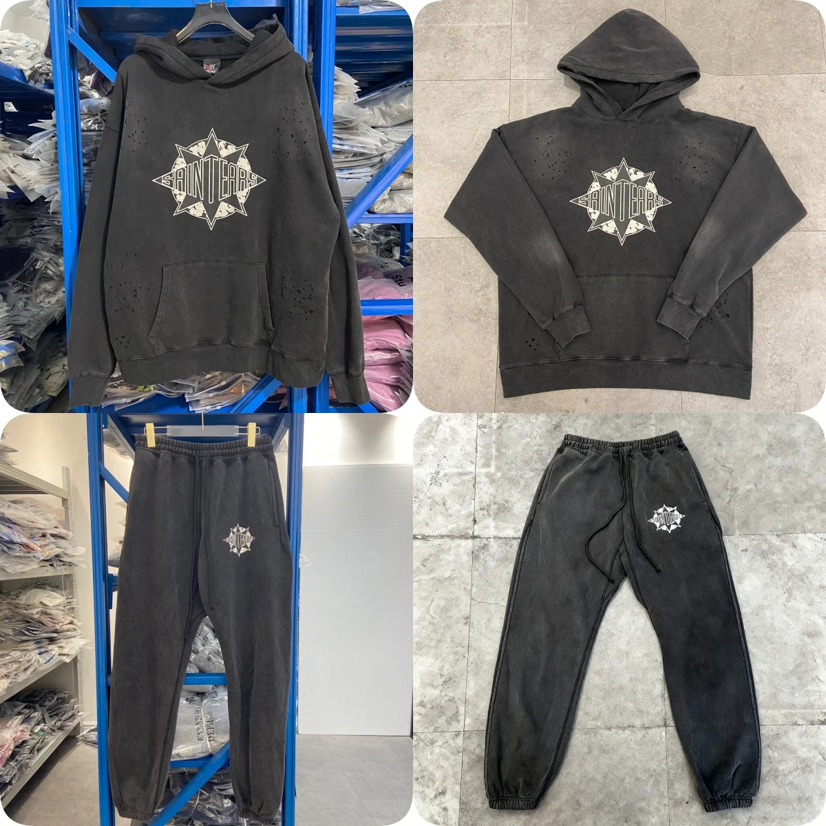 2026 Top Quality Saint x Tear Logo Printed Washed Women Men Hoodie Pullover Oversized Vintage Men Hoodie Sets