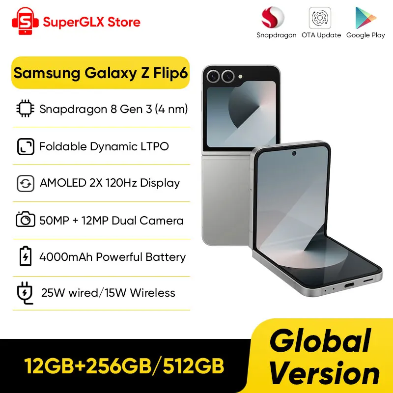 2024 Original Samsung Galaxy Z Flip6 AI Cell Phone Snapdragon 8 Gen 3 Flip 6 Foldable Dynamic LTPO Screen Unlocked Smartphone