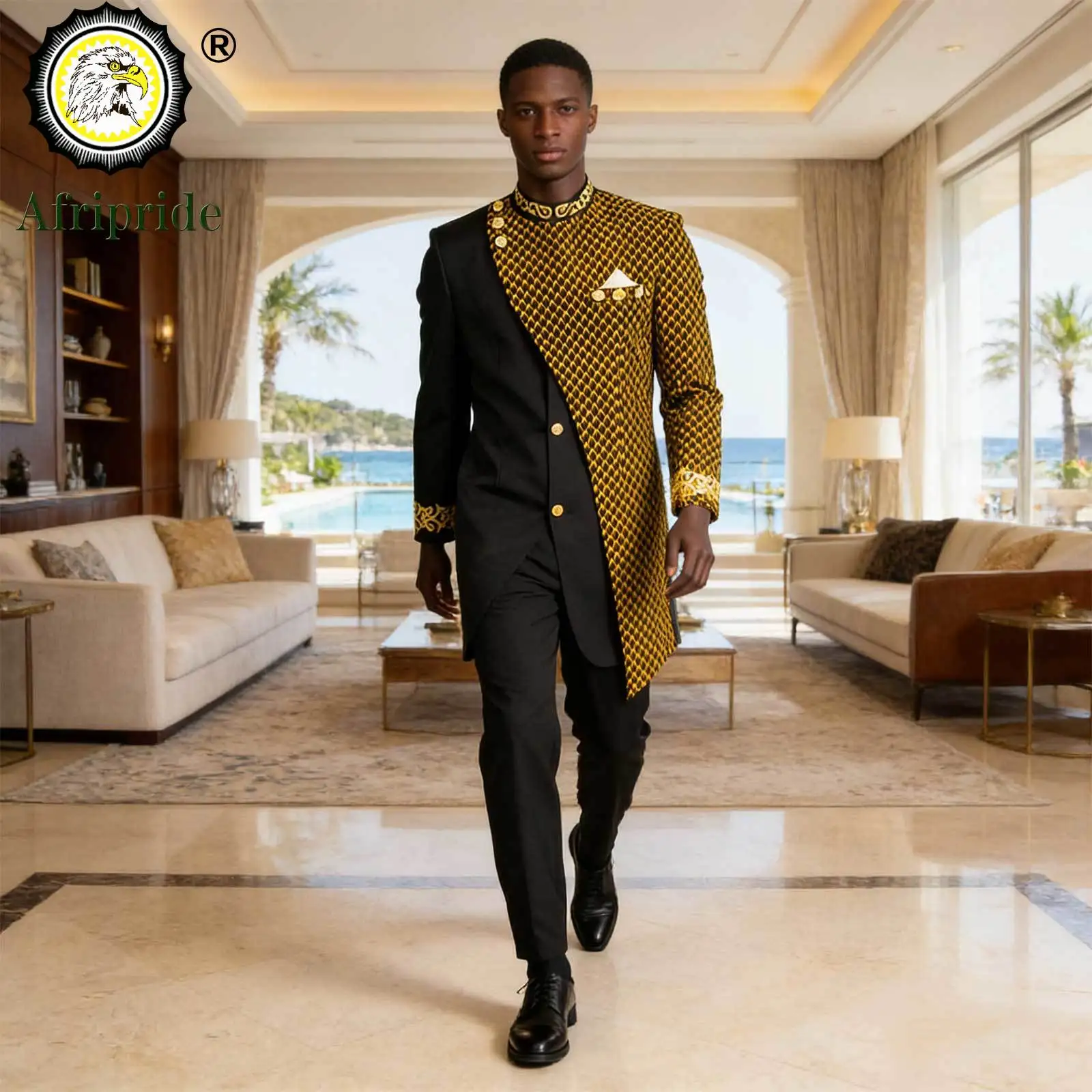 Trajes africanos para hombres, conjunto de chaqueta y pantalones con estampado bordado, traje de vestir de negocios con pañuelo, fiesta, boda, noche A 2316023