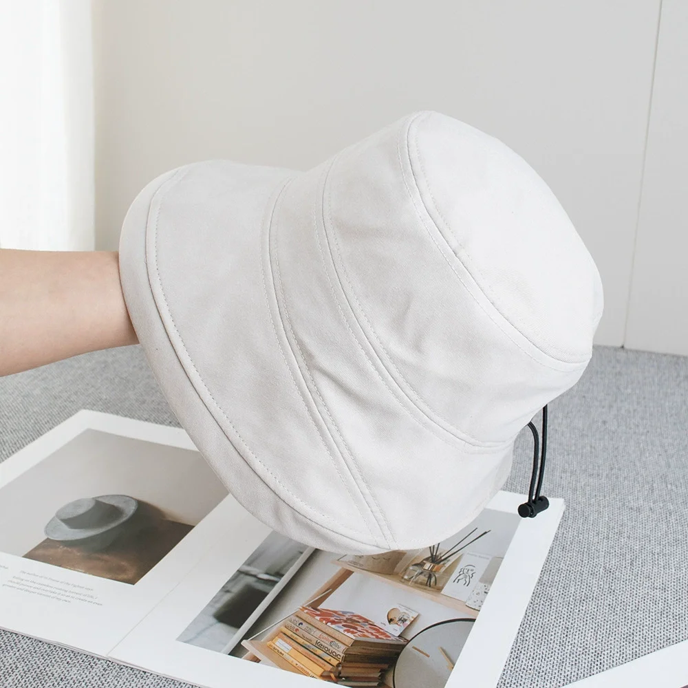Women Cuffed Denim Cotton Bucket Hat Drawstring Wide Brim UV Sun Hat Spring Summer Foldable Fisherman Hats