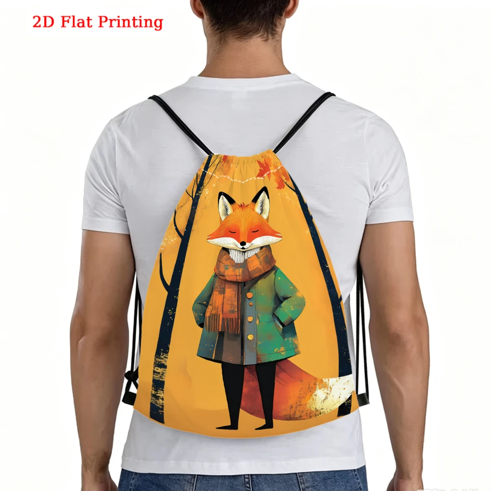 Cute Cartoon Style, Drawstring Backpack, Fox In Coat And Scarf Pattern, Gym Sports Bag, Outdoor Travel Drawstring Bag