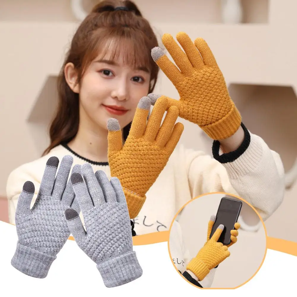 Screen Gloves Winter Men And Women Couples Plush Non-slip Riding Thickened Cold-proof Warm Finger Gloves Knitted L0q6