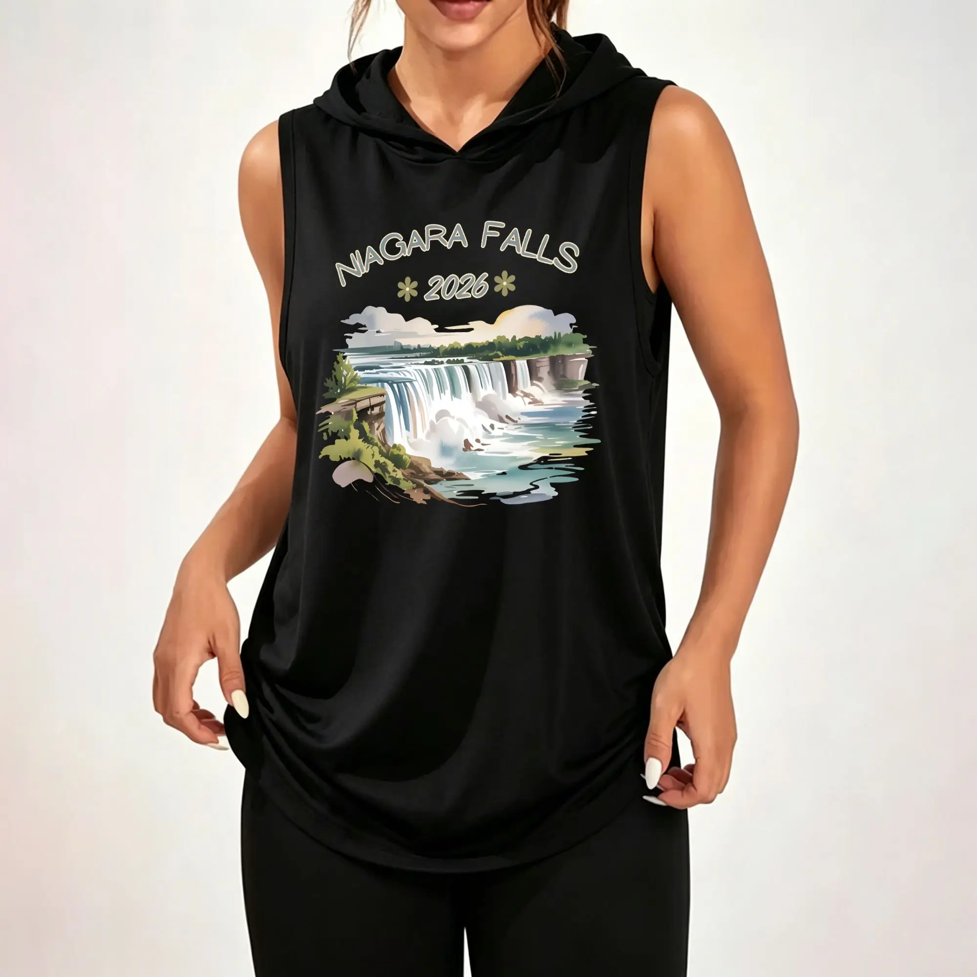 Women's Sleeveless Hoodie, Niagara Falls 2026 Waterfall Scenery Vintage Graphic Print Casual Hooded Tank Top