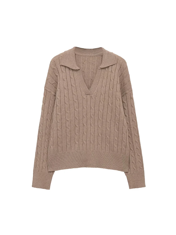 European style new women's fashion versatile temperament solid color eight-strand braided POLO collar sweater