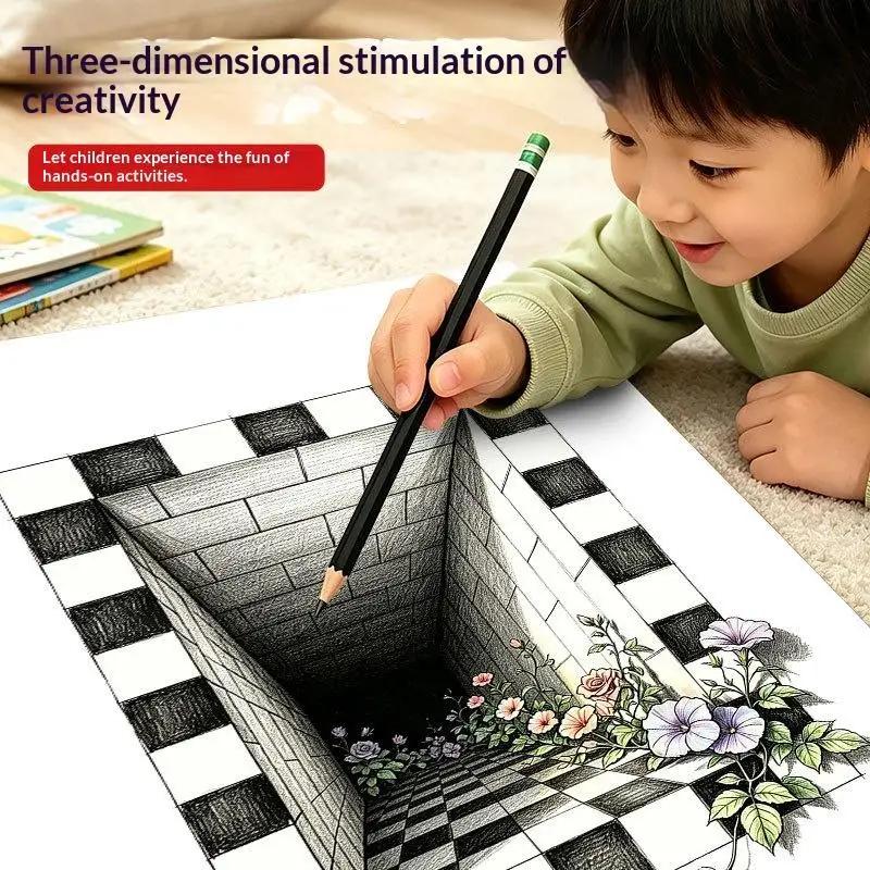New Magic 3D Optical Illusion Kids 3D Visual Trick Sketch Practice Copybook Children Art Hand‑Drawing Training Workbook Creative