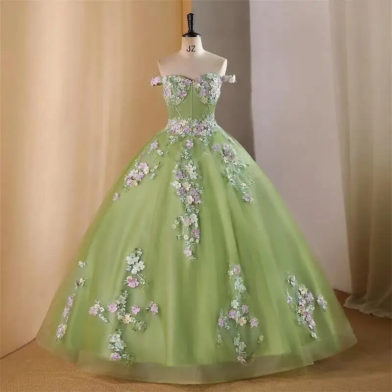 

Sweetheart Birthday Quinceanera Dresses Elegant Flower Lace Prom Gown Graduation Formal Robe De Ba Sonhar Vestidos Real Photo