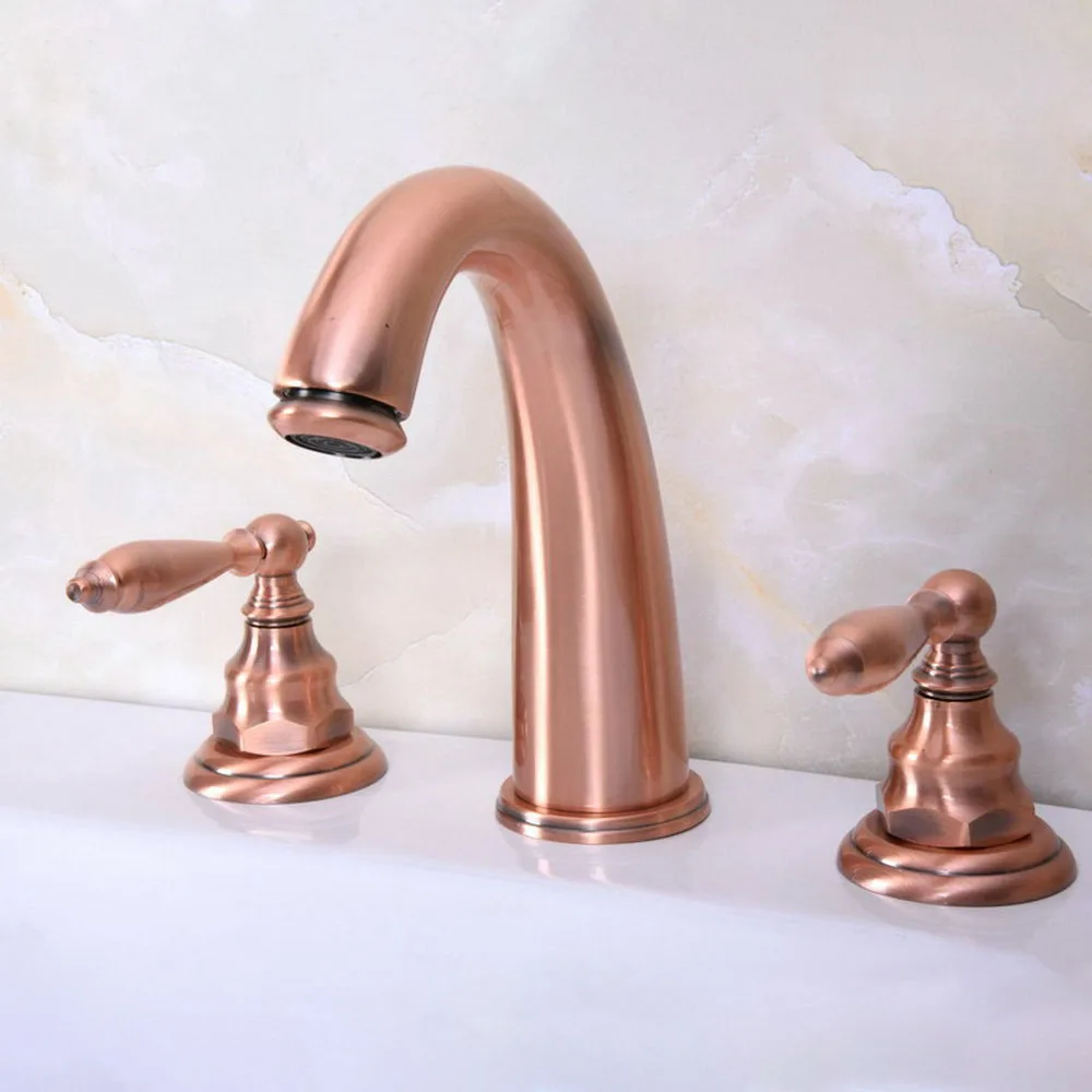 

Antique Red Copper Double Handle Deck-Mount Three Hole Widespread Bathroom Lavatory Bathtub Basin Faucet Sink Mixer Tap drg065