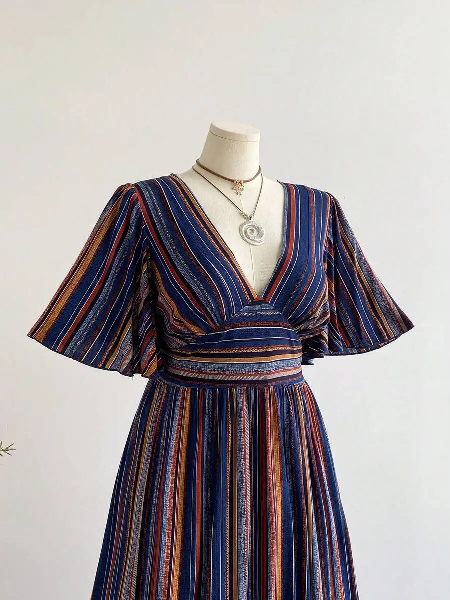 

Women Bohemian Retro Striped V-Neck Tie Waist Dress Elegant Casual Summer