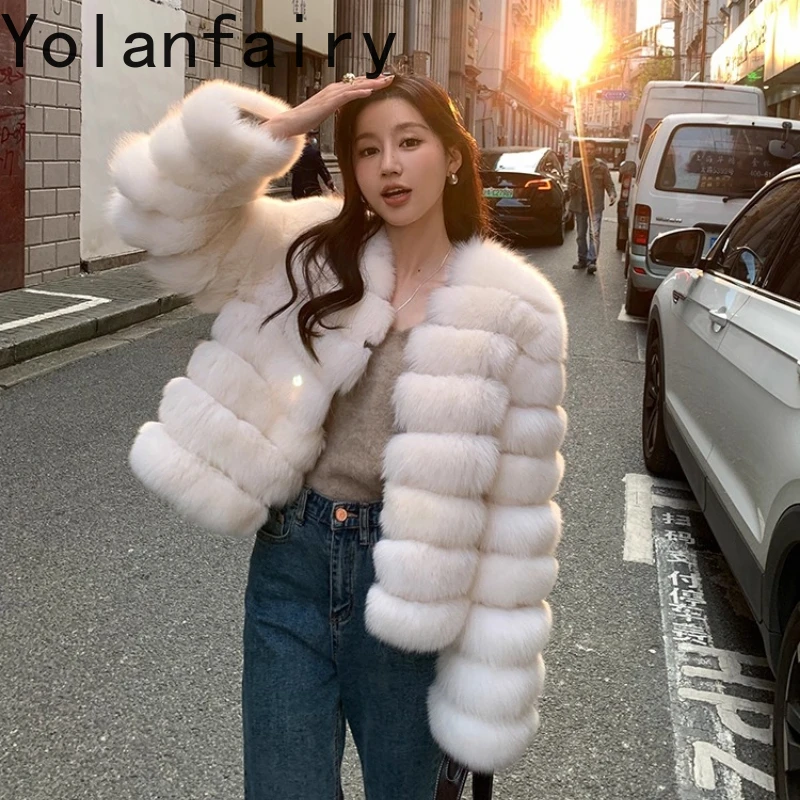 

YOLANFAIRY real whole fox fur coats for woman winter warmth V-neck blouse long sleeve commuting natural fox jacket wfemale 2025