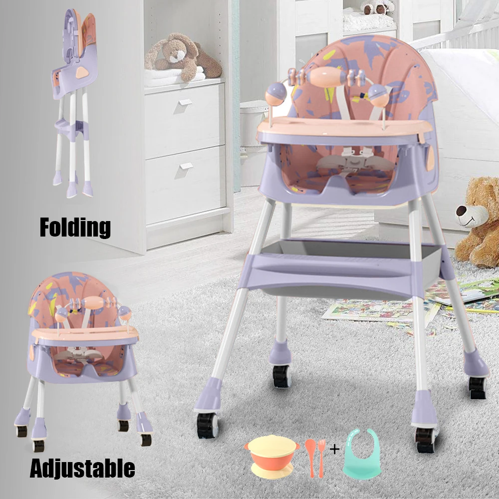 Reclining Baby Eating Chair Multi-functional Foldable Kids' Dinning Chair 6 Months ~ 6 Years Old Baby Feeding Chair with Wheels