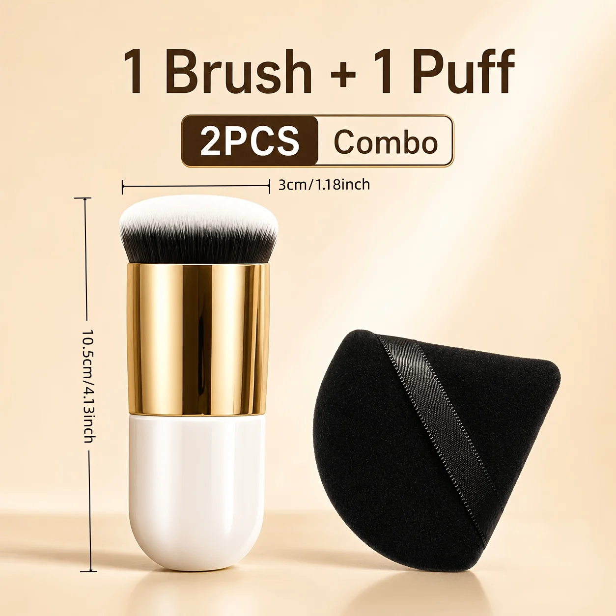 2Pcs Foundation Brush & Black Puff Set, Dense Soft Synthetic Bristles, Portable Easy Blend Concealer, Blush Highlight Touch Up