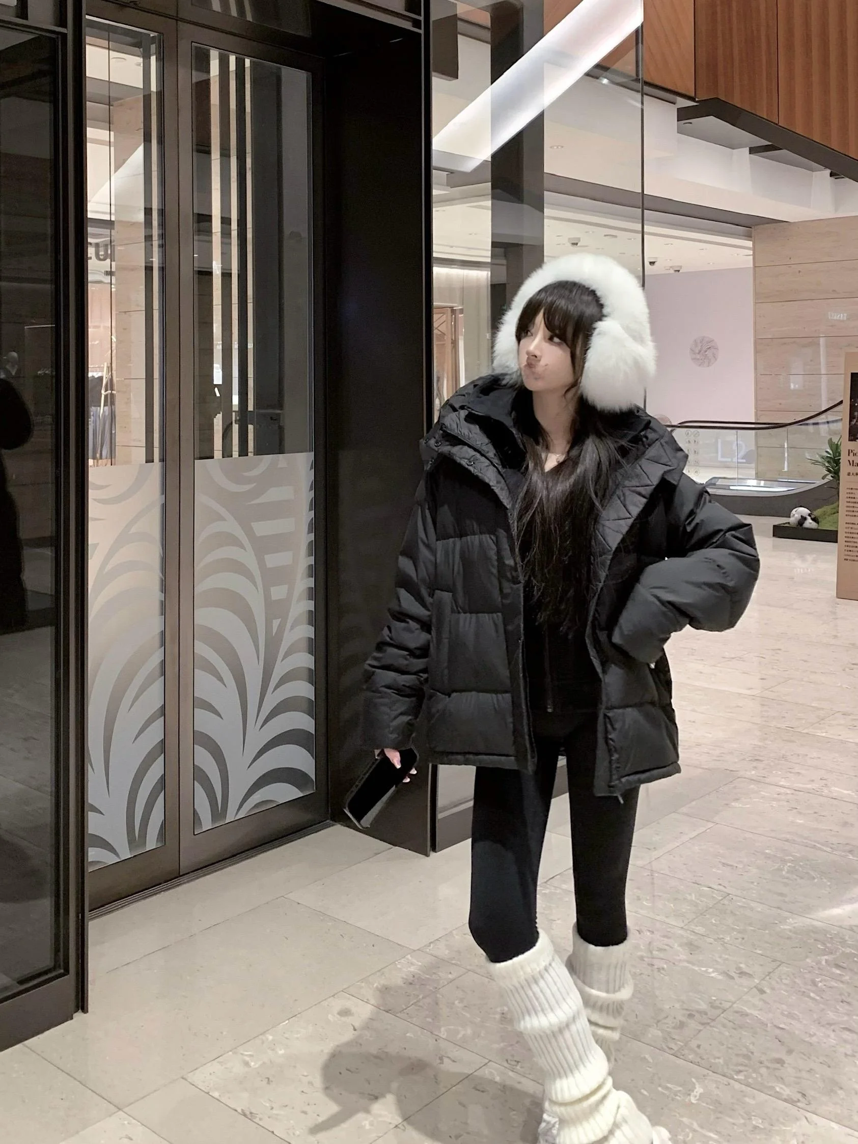 

ROUGE DIAMOND Luluwonder Puff Five Grids Lightweight Warm Black Duck down Jacket Sweet Style Mid-Length Hooded Coat