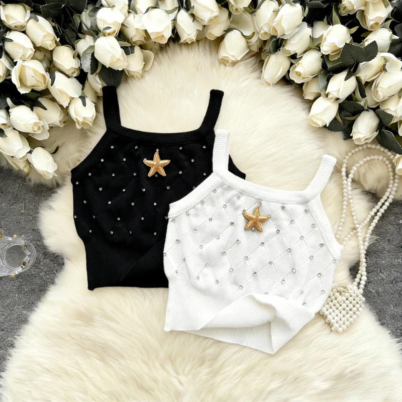 

Топ-камизолка с вышивкой стразами и вырезами, повседневный, с круглым вырезом, без рукавов, вязаный, для весны и лета, женская одежда, укороченный топ