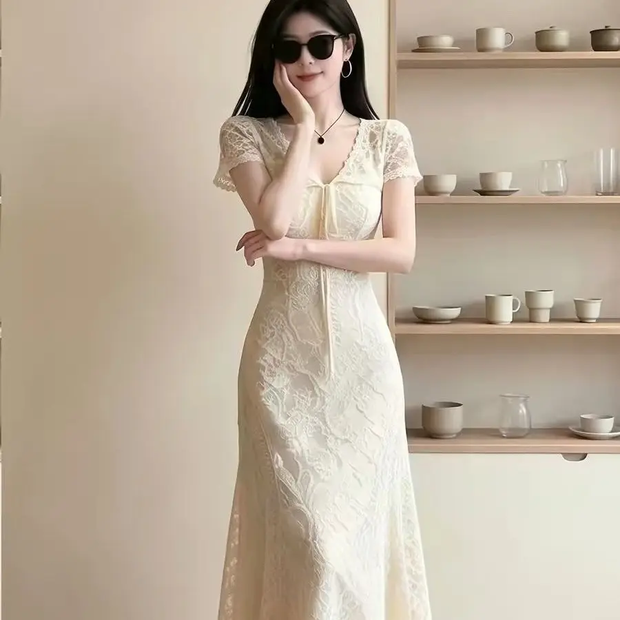 Women V Neck Lace Bodycon Maxi Dresses Front Tie Slim Side Slit Elegant Wedding Guest Cocktail Party Mermaid Dress Vestidos