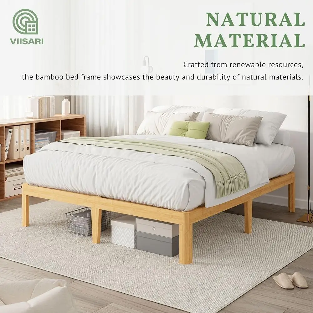 Sturdy Bamboo King Bed Frame with Steel Slats Easy Assembly Eco-Friendly Natural Material Rounded Corner Design Underbed Storage