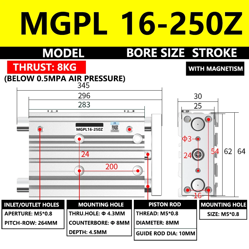 

ABILKEEN MGPL Series Pneumatic Compact Guide Cylinder MGPL16-250Z 16MM Bore X 250MM Stroke Three Axis Three Rod Air Cylinder