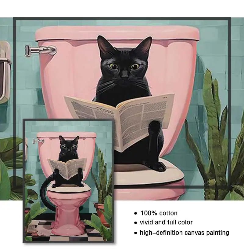 Modern Simple Wall Art Funny Animal Black Cat Cat Reading Newspaper Canvas Print Poster Home Toilet Bathroom Decorative Pictures