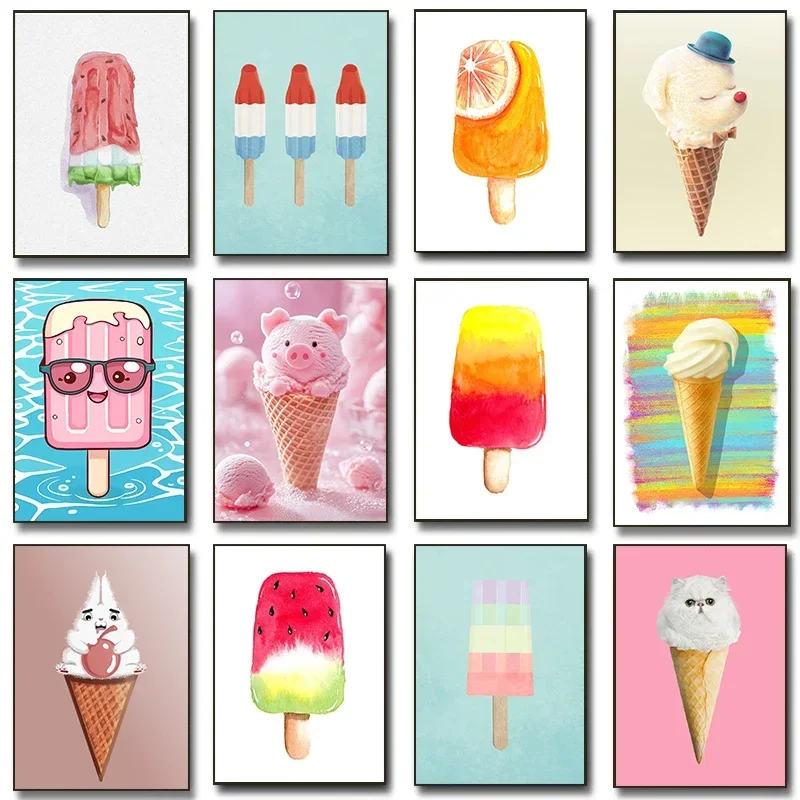 Minimalist Canvas Posters Summer Ice Cream Watercolor Pastel Popsicle Kids Prints Fashion Wall Art for Living Room Home Decor