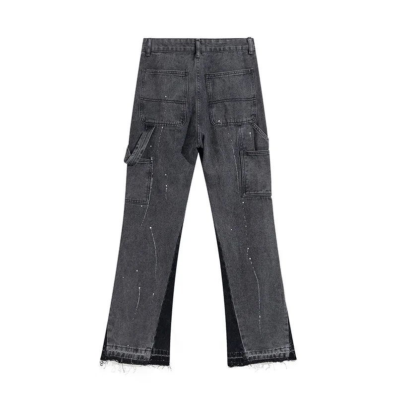 Pantalones vaqueros pintados con bordado de tinta de salpicaduras para hombre, pantalones acampanados largos huecos 3D suaves, montaje, reparación