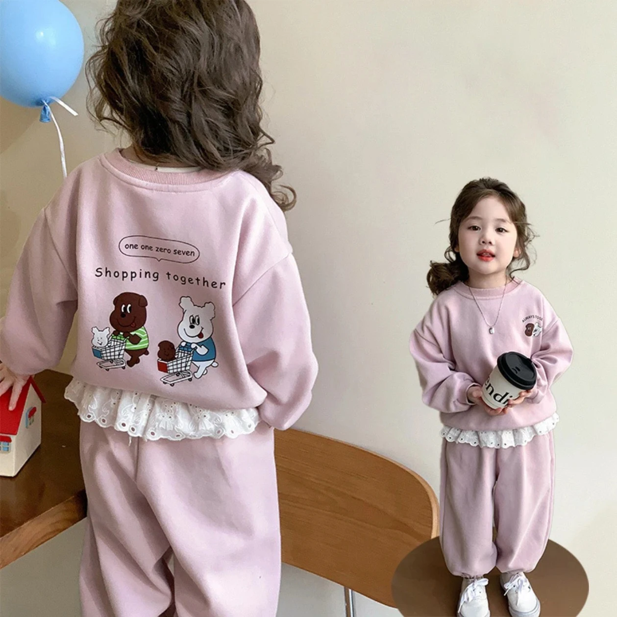 2026 New Autumn Baby Girls Clothes Sweatshirt Sets Kids Cartoon Print Pullover+Lace Ruffle Pants 2Pcs Chlidren Casual Tracksuit