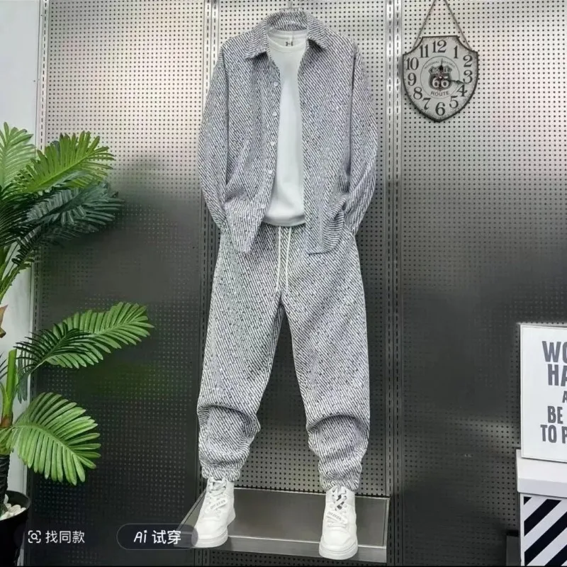 

Осенние новые повседневные мужские топы с длинными рукавами в контрастную полоску и лацканами, свободные повседневные широкие брюки, комплект из двух предметов