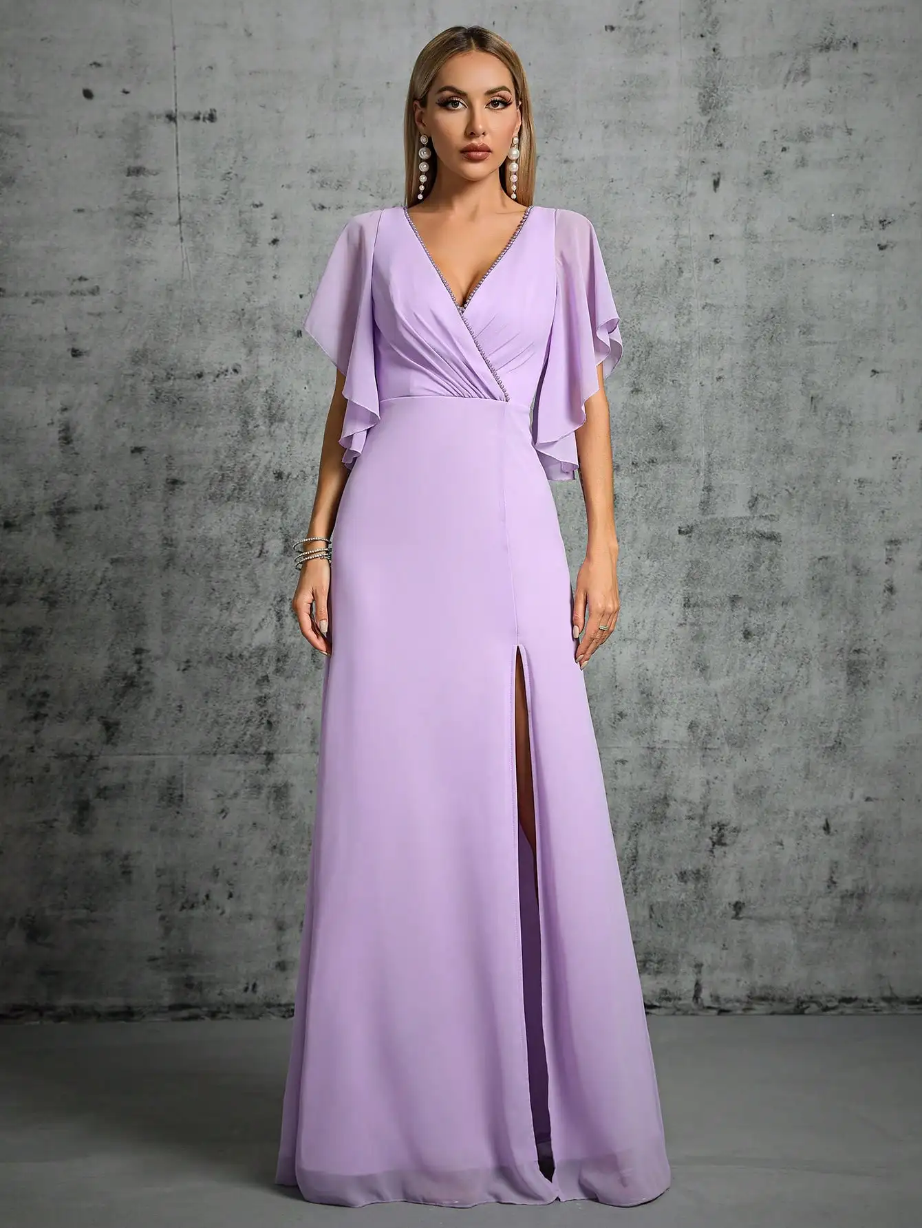 Mgiacy Beaded collar hem flared slit sleeve chest pleated chiffon slit skirt Evening gown Ball dress Party dress